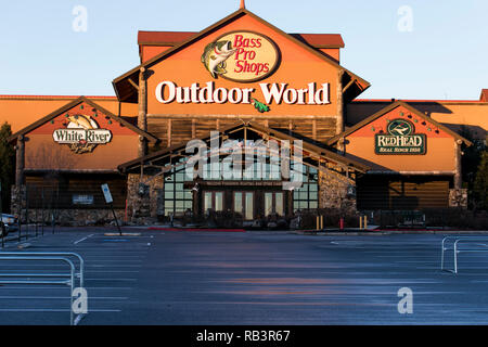 A logo sign outside of a Bass Pro Shops Outdoor World retail store in Harrisburg, Pennsylvania, on December 29, 2018. Stock Photo