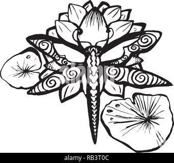 Illustration of a dragonfly on a lotus. Tattoo idea. Stock Vector