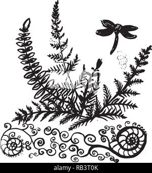 Image of a dragonfly on a fern. Tattoo idea. Stock Vector