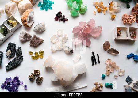 Collection of beautiful precious stones on white table. Stock Photo