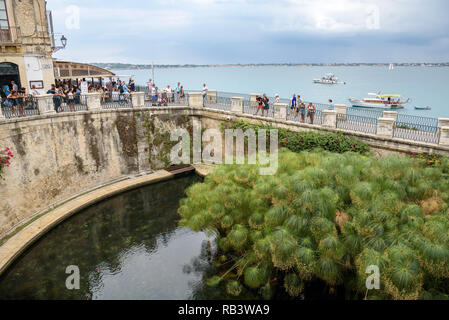 Syracuse, Sicily, Italy - August 23, 2017: Tourist visit the Fountain of Arethusa, a natural fountain on the island of Ortygia in the historical centr Stock Photo