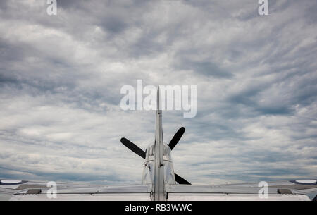 P-51 Mustang from the back against a cloudy sky Stock Photo