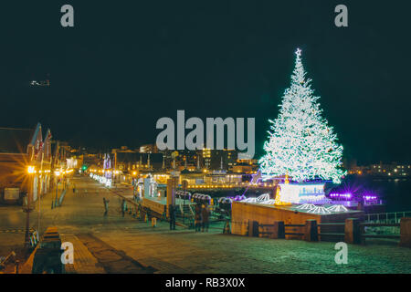 Christmas tree night light and illumination at Kanemori Red Brick Warehouse, Christmas street light at Hakodate, Hokkaido, Japan. Stock Photo