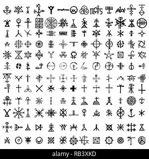 Big set of esoteric symbol design elements. Imaginary handwritten alchemy signs, space, spirituality, inspired by mysticism, freemasonry, astrology. Stock Vector