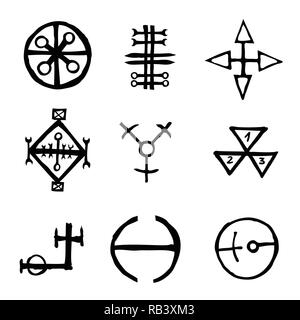 Set of icons and symbols letters inspired on the theme of magic and witch craft occult alchemy, mystic, esoteric religion and mason, isolated. Tattoos Stock Vector