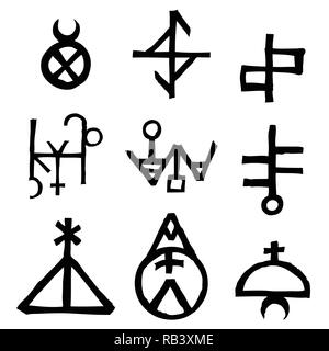 Set of written symbols and letters inspired by magical inscriptions and ...