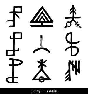 Set of Old Norse Scandinavian runes imaginary version. Runic alphabet symbols, futhark. Inspired by ancient occult symbols, vikings letters and runes. Stock Vector