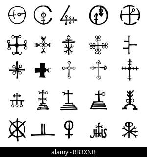 Mystic set with magic circles, pentagram and imaginary chakras symbols. Collection of icons with witchcraft and occult hand writing letters. Esoteric  Stock Vector