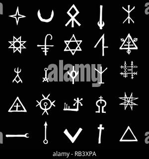 Set with mystic and occult symbols. Hand drawn and written alphabet signs. Spiritual masonic tattoo ideas. Vector. Stock Vector