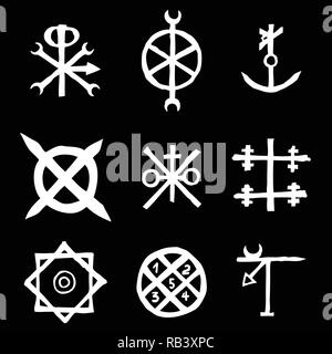 Set with mystic and occult symbols. Hand drawn and written alphabet signs. Spiritual masonic tattoo ideas. Vector. Stock Vector