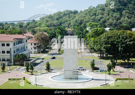 The marble Goethals Monument as seen from the Panama Canal Administration Building in Balboa. Stock Photo