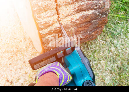 Chainsaw. Chainsaw in move cutting wood. Man cutting wood with saw. Dust and movements. Close-up of woodcutter sawing chain saw. Blade of a chainsaw.  Stock Photo