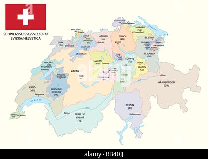 administrative and political vector map of switzerland with flag Stock Vector