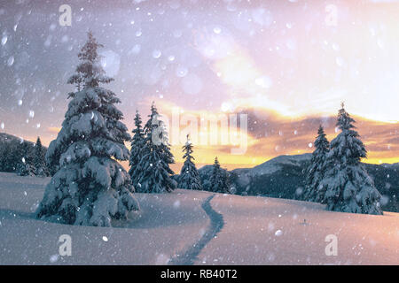 Fantastic orange winter landscape in snowy mountains glowing by sunlight. Dramatic wintry scene with snowy trees. DOF bokeh light postprocessing effect. Christmas holiday collage Stock Photo