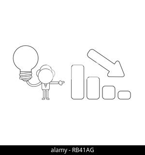 Vector illustration concept of businessman character holding light bulb and showing sales bar graph moving down. Black outline. Stock Vector