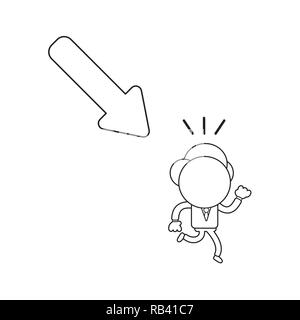Vector illustration concept of businessman character running away from arrow moving down. Black outline. Stock Vector