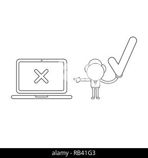 Vector illustration concept of businessman character holding check mark and pointing x mark inside laptop computer. Black outline. Stock Vector
