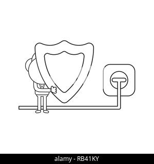 Vector illustration concept of businessman character holding guard shield ang plug plugged into outlet. Black outline. Stock Vector