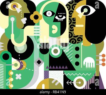Two men and a beautiful woman - modern fine art. The man gives flower to a sad woman. Abstract picture, vector illustration. Stock Vector