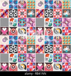 Abstract geometric patterns seamless vector background. Decorative composition of various colorful shapes. Stock Vector