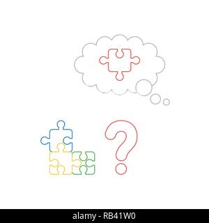 Vector illustration icon concept of three parts connected puzzle, question mark and missing puzzle piece. Color outlines. Stock Vector