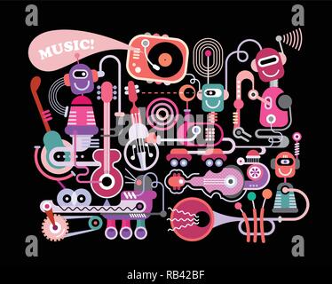 Modern music concert vector illustration isolated on a black background. Funny robots playing musical instruments. Stock Vector