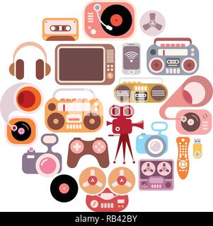 Electronic icons in the circle shape. Colorful flat vector images isolated on a white background. Stock Vector