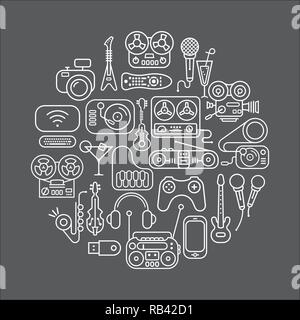 Art line on a dark grey background Entertainment and Home electronics vector icon set. Round shape illustration. Stock Vector