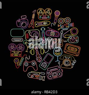 Entertainment icons round shape vector illustration. Neon colors silhouettes isolated on a black background. Stock Vector