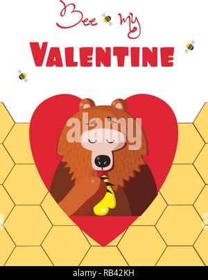 Be my valentine greeting card of cute cartoon bear vector illustration character eating honey inside of red heart and bees around on honeycomb backgro Stock Vector