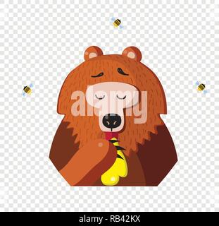 Cute cartoon bear character eating honey from paw and bees flying around isolated on transparent background. Vector illustration clip art, icon, logo, Stock Vector