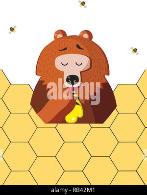 Cute cartoon bear character eating honey from paw and bees flying around isolated on honeycomb background. Vector illustration clip art, icon, logo, s Stock Vector