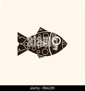 Prehistoric fish with patterns Retro background vector illustration.Stone age Stock Vector