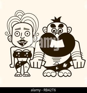 Pair of primitive man and woman dressed in fur clothes and standing together. Romantic couple from Stone Age, Vector illustration Stock Vector