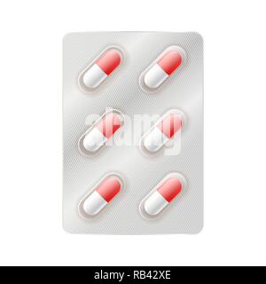 Red and white medicine capsules, six pills in blister on white Stock Vector