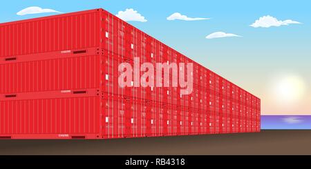 Stacked freight containers at a sea port dock. Vector illustration. Stock Vector