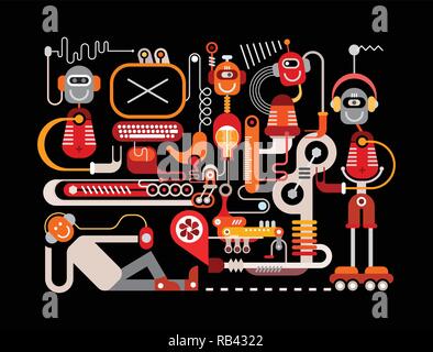 Manufacturing robots vector illustration isolated on a black background.  Welcome to the future, were funny robots will do all the boring job. Stock Vector