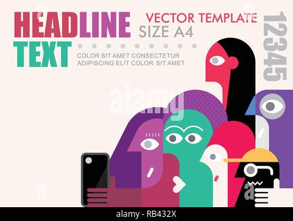 Group of people looking at smartphone screen vector template, size A4. Flat style vector design. Stock Vector