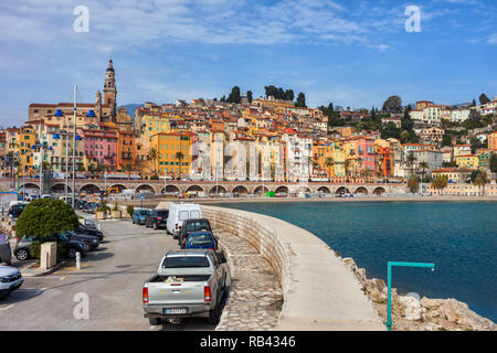 Menton old town on French Riviera in France, resort on the Mediterranean Sea Stock Photo