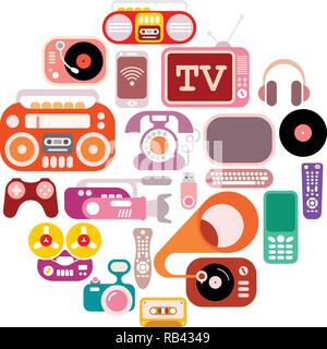 Electronic icons in the round shape. Colorful flat vector images isolated on a white background. Stock Vector