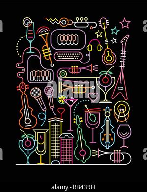 Neon colors on a black background Karaoke Party vector illustration. Abstract art line composition. Stock Vector