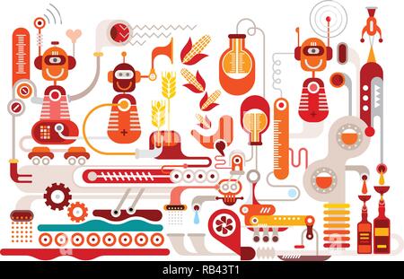 Whisky making vector illustration isolated on a white background. Modern distillery. Welcome to the future, were funny robots will do all the boring j Stock Vector