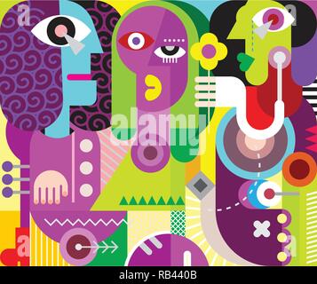 Two men and a beautiful woman - modern fine art. The man gives flower to a sad woman. Abstract picture, vector illustration. Stock Vector