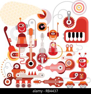 Musical robots vector illustration isolated on a white background. Welcome to the future, were funny robots will do all the boring job. Stock Vector