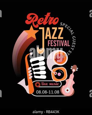 Retro jazz festival vector poster. Art composition of gramophone and musical instruments on a black background. Stock Vector