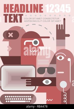 Group of people using computer to work vector artwork. Multipurpose flyer design, layout template with place for text. Mock up proportional size A4, f Stock Vector