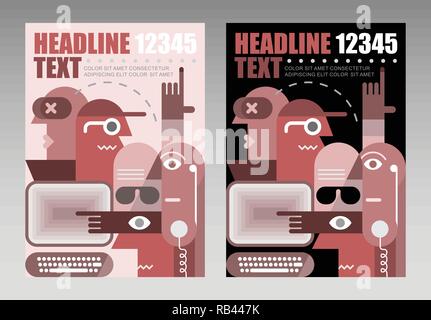 Group of people using computer to work vector artwork. Multipurpose flyer design, layout template with place for text. Mock up proportional size A4, f Stock Vector