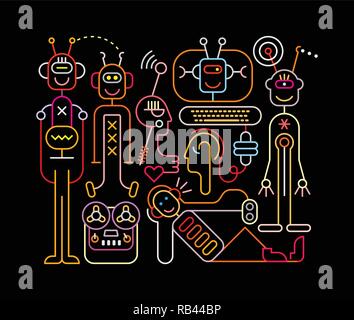 Neon colors on a black background Funny Robots vector illustration.  Welcome to the future, were funny robots will do all the boring job. Stock Vector
