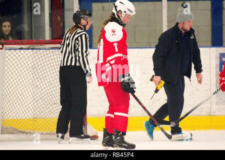 Dumfries, Scotland, UK. 6th January 2019. A member of the ice maintenance staff leaves the ice after repairing the holes for the ice hockey goals during the 2019 Ice Hockey U18 Women’s World Championship, Division 1, Group B at Dumfries Ice Bowl. Credit: Colin Edwards/Alamy Live News. Stock Photo