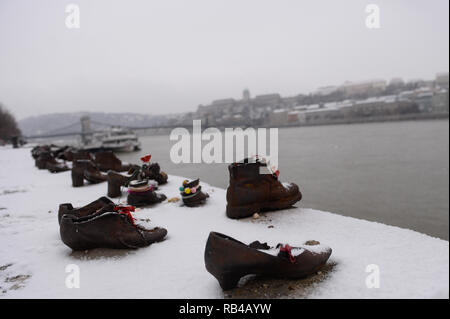 A close up of Shoes on the Danube Bank, a memorial to honour the Jews who were killed by fascist Arrow Cross militiamen in Budapest during World War II. Stock Photo